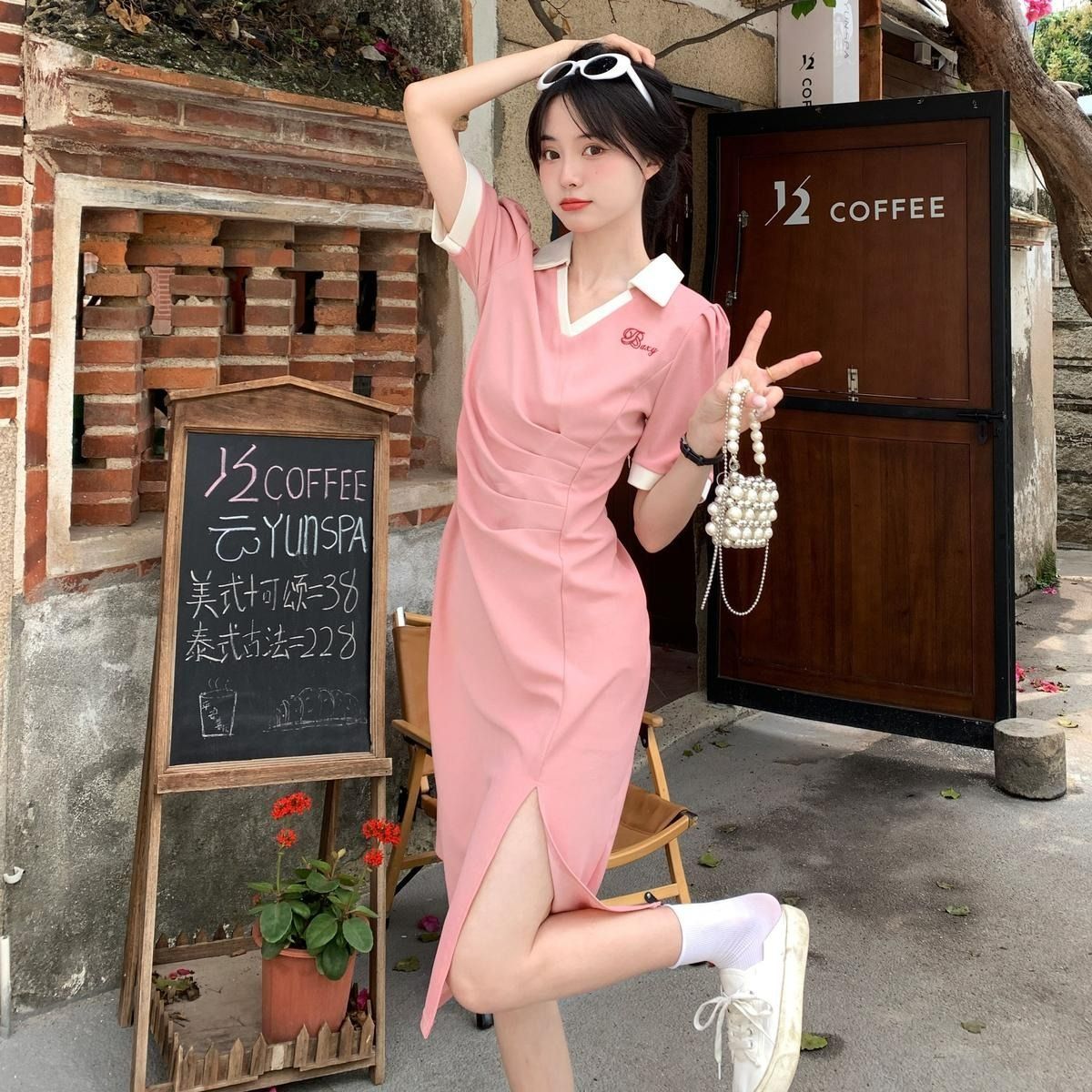 Large size polo collar pleated short-sleeved dress summer women's clothing small crowd fat mm cover belly splicing mid-length skirt