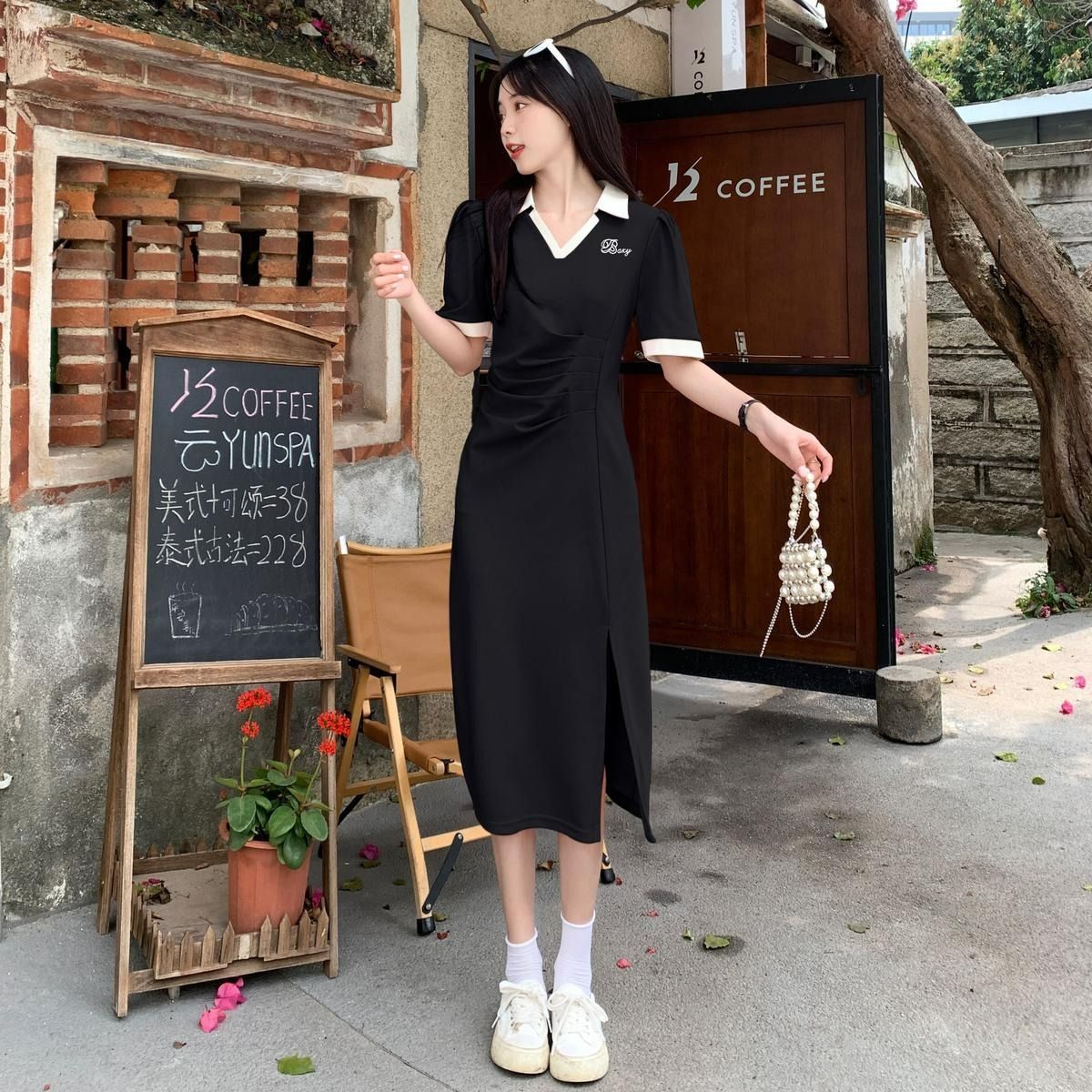 Large size polo collar pleated short-sleeved dress summer women's clothing small crowd fat mm cover belly splicing mid-length skirt