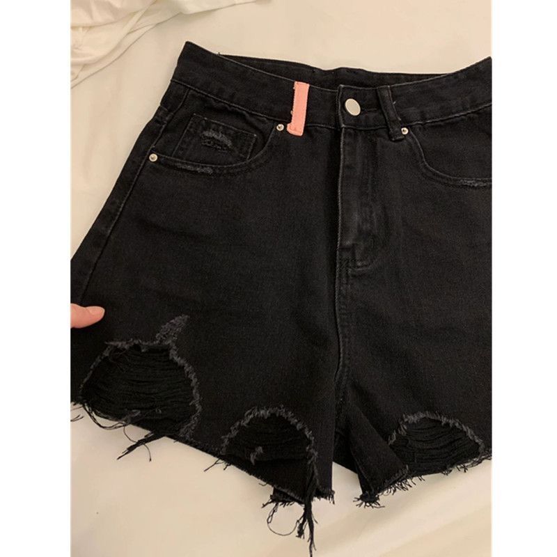 Pocket embroidered denim shorts for women summer high-waisted tassels ripped a-line design niche pants wide-leg shorts