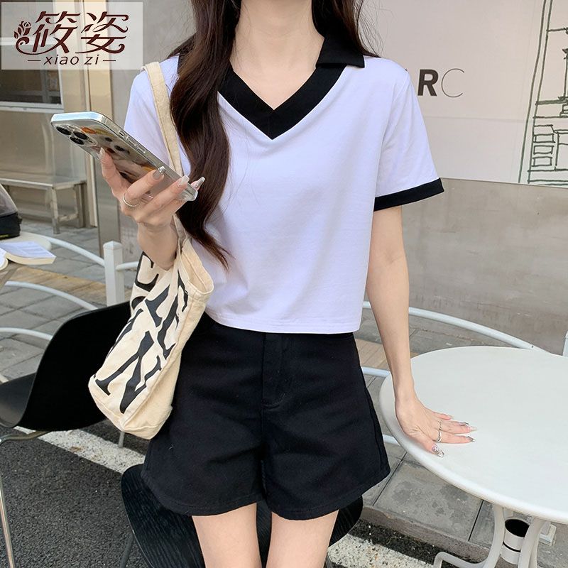 筱姿polo領短袖撞色拼接內搭t恤女夏季新款v領小個子辣妹百搭上衣