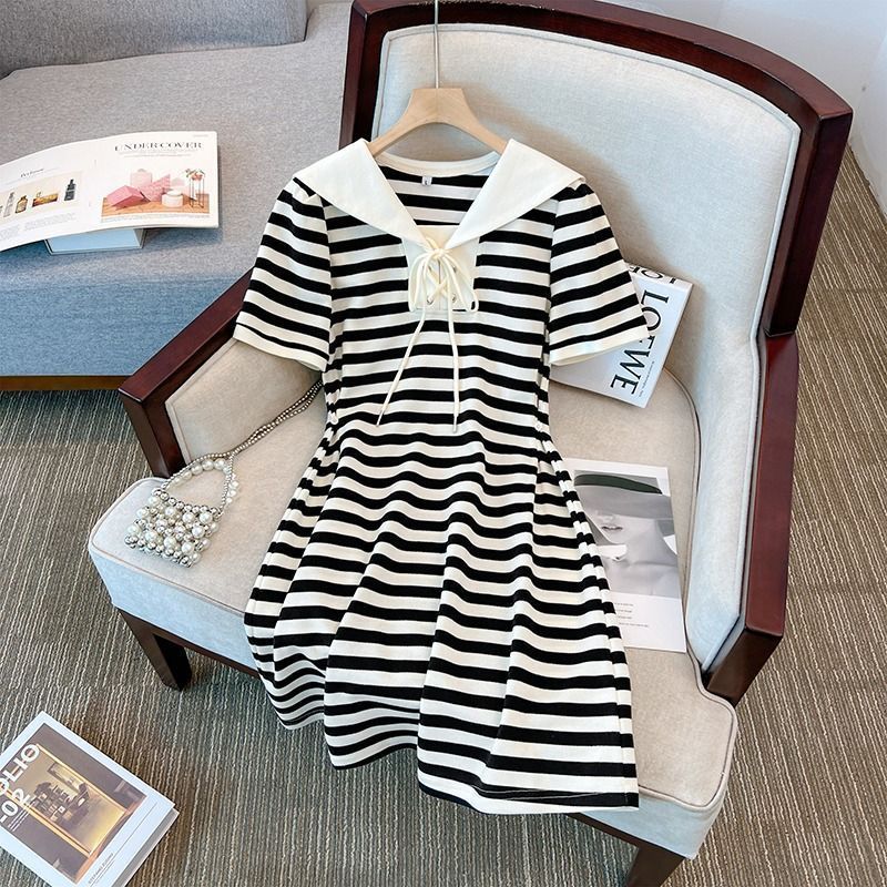 Slightly fat mm summer new large size women's clothing to cover the belly and look thin navy collar stripes cover the meat and reduce the age short-sleeved dress