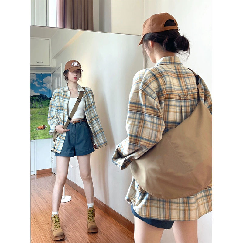 大碼長袖格子襯衫女2023年夏季新款美式復古寬鬆防曬外套穿搭上衣