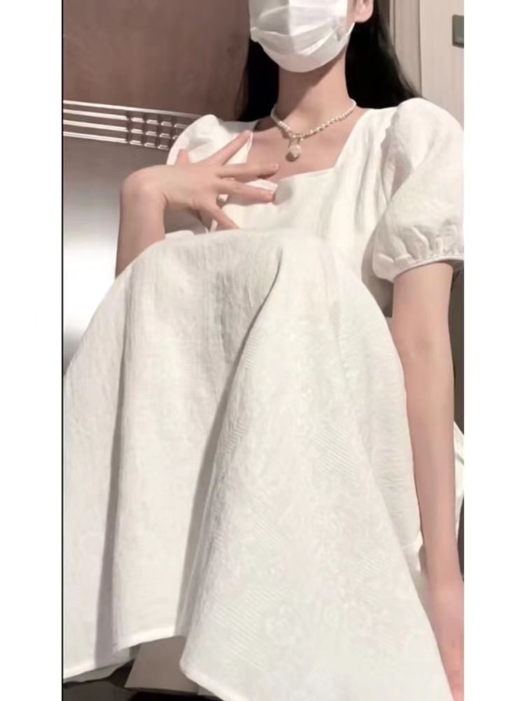 夏日上新學院風減齡收腰顯瘦方領連衣裙女學生法式氣質初戀小白裙
