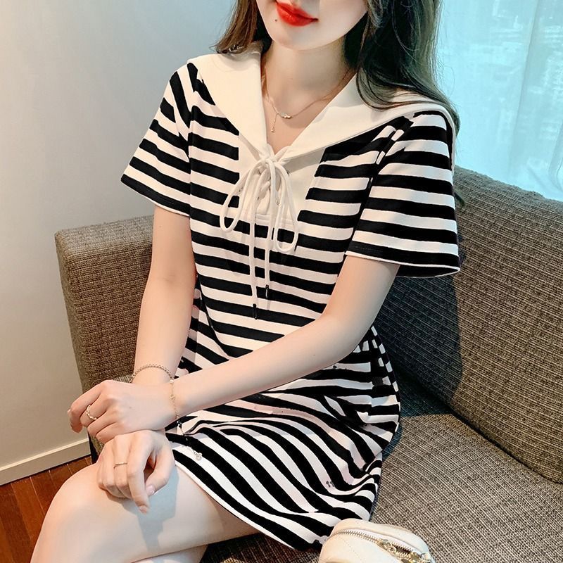 Large size fat mm design sense niche striped short-sleeved dress women's summer waist slimming a-line small skirt