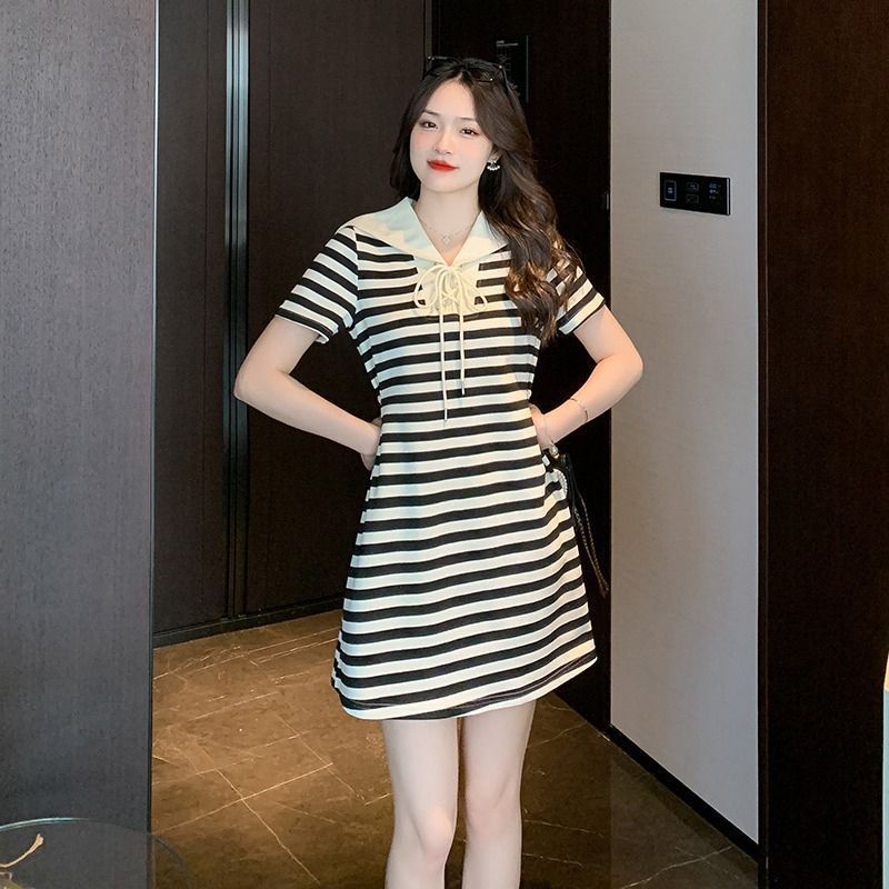 Slightly fat mm splicing design sense ins navy collar striped short-sleeved dress women's summer large size mid-length a-line skirt