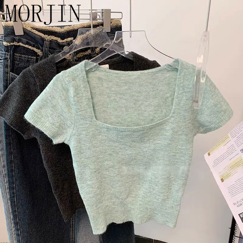MORJIN sweet and spicy square collar knitted t-shirt women's short-sleeved summer Korean version of the niche chic slim slim short top