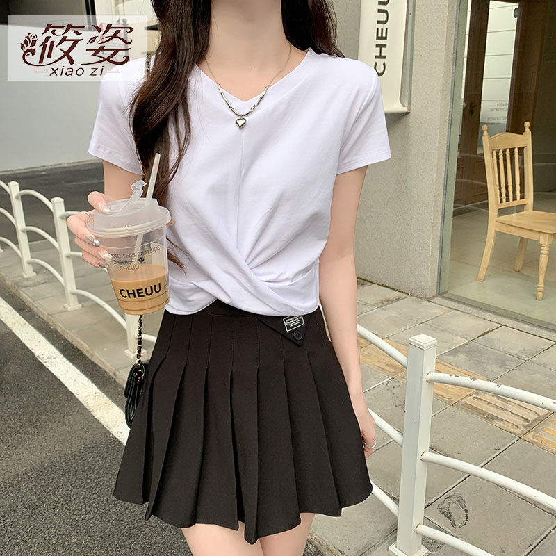 筱姿短款上衣女短袖v領小個子露臍高腰小眾設計感t恤夏季純棉打底