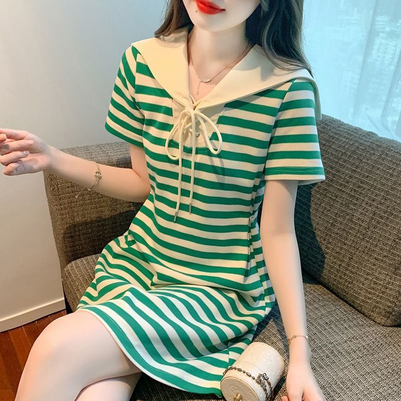 Large size fat mm design sense niche striped short-sleeved dress women's summer waist slimming a-line small skirt