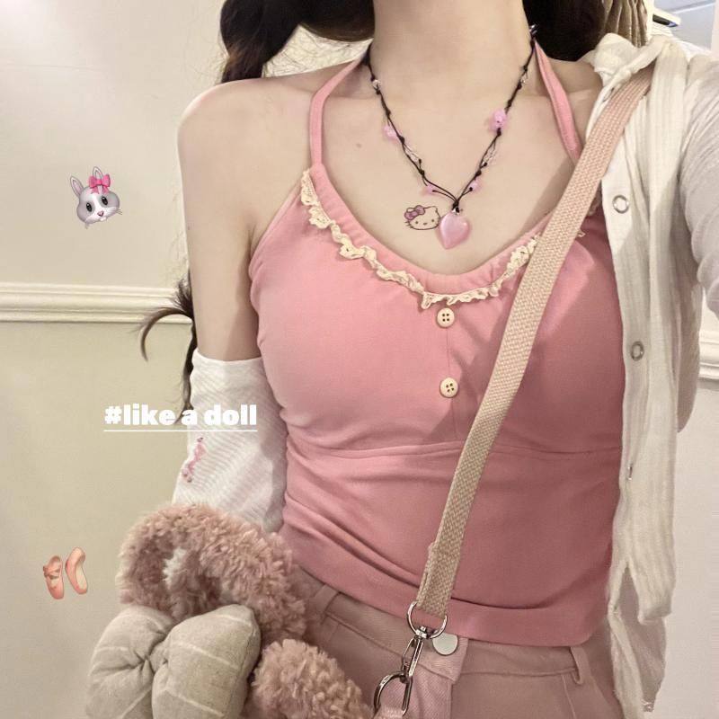 純欲夏季甜美掛脖吊帶背心顯瘦時尚粉色蕾絲花邊短款修身上衣女