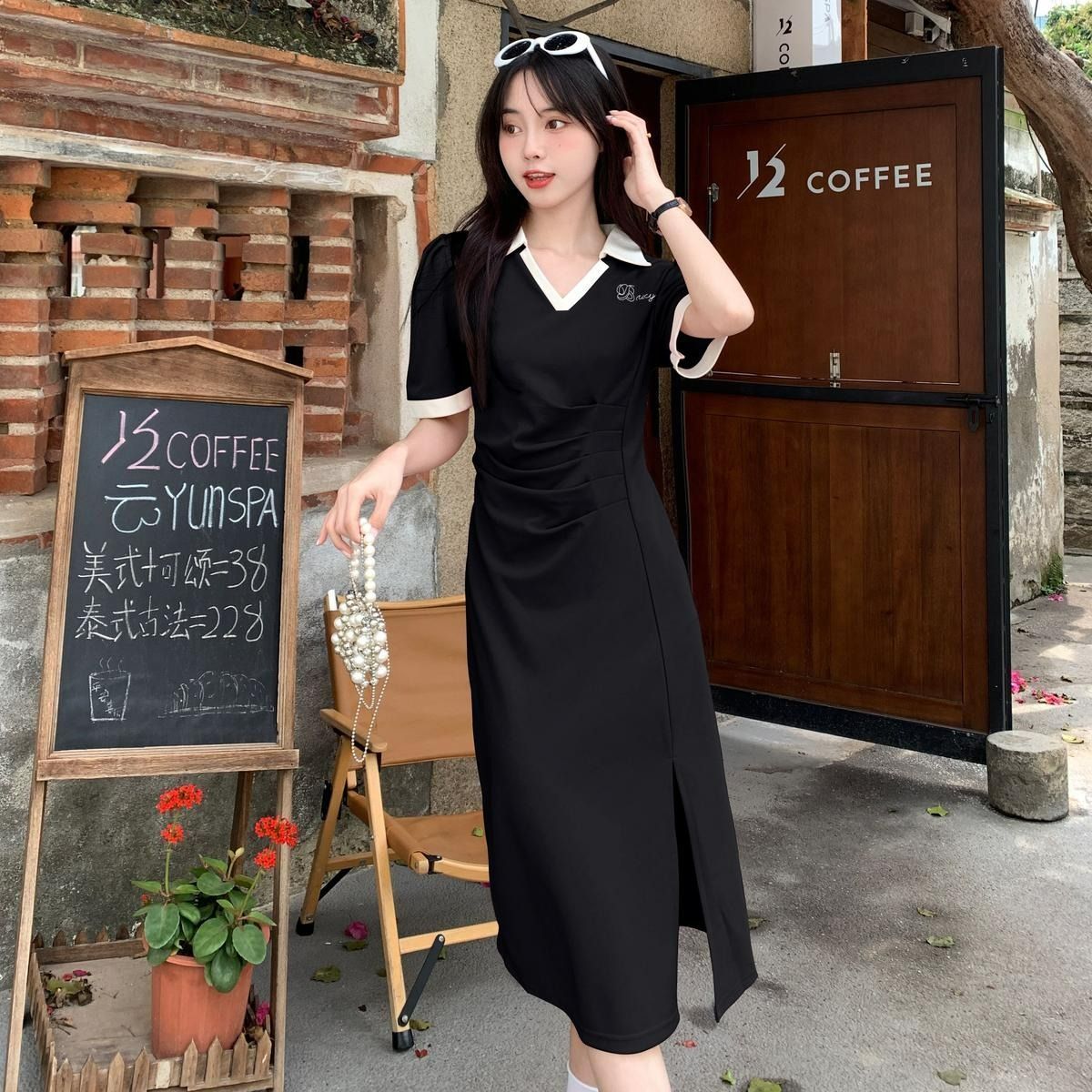 Large size polo collar pleated short-sleeved dress summer women's clothing small crowd fat mm cover belly splicing mid-length skirt