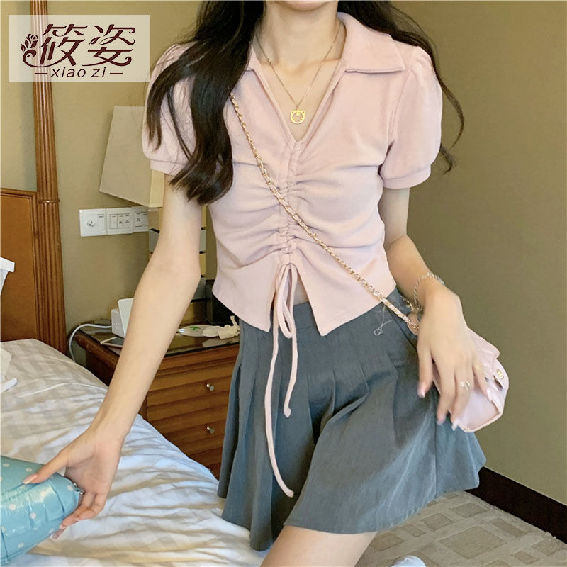 筱姿2023年夏季新款polo領抽繩泡泡短袖T恤女設計感小眾短款上衣