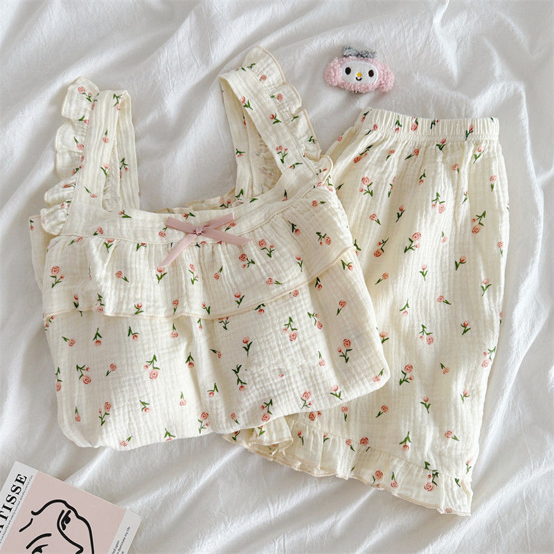 Korean version of small floral pajamas women's summer pure cotton gauze suspenders shorts two-piece set ladies cotton home service suit