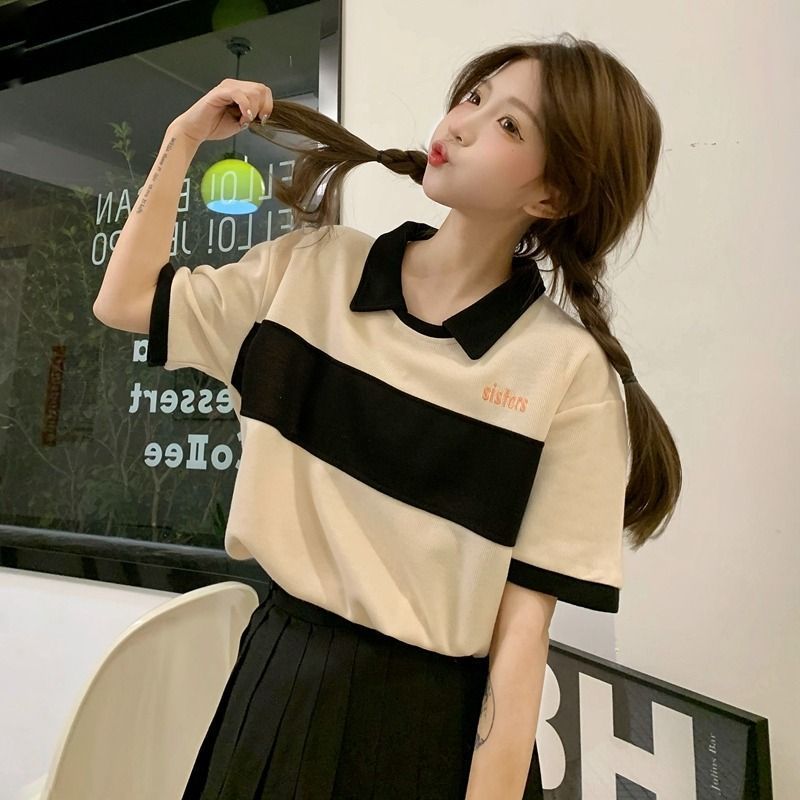 Slightly fat sister polo shirt female short-sleeved lazy wind stitching hit color shoulder sleeve striped t-shirt female student top summer