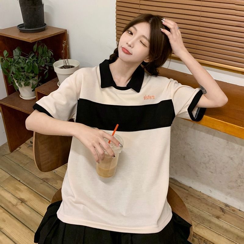 Slightly fat sister polo shirt female short-sleeved lazy wind stitching hit color shoulder sleeve striped t-shirt female student top summer