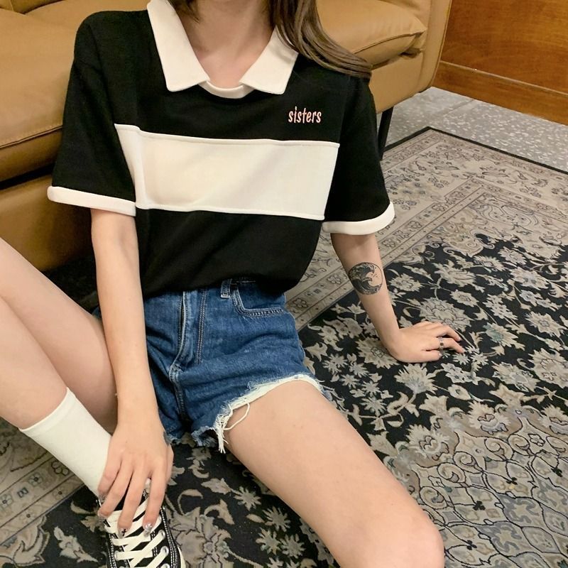 Slightly fat sister polo shirt female short-sleeved lazy wind stitching hit color shoulder sleeve striped t-shirt female student top summer