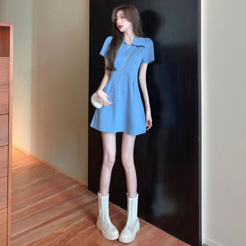 French style exquisite pure desire wind slightly fat mm summer new A-line skirt female waist slimming solid color polo collar dress