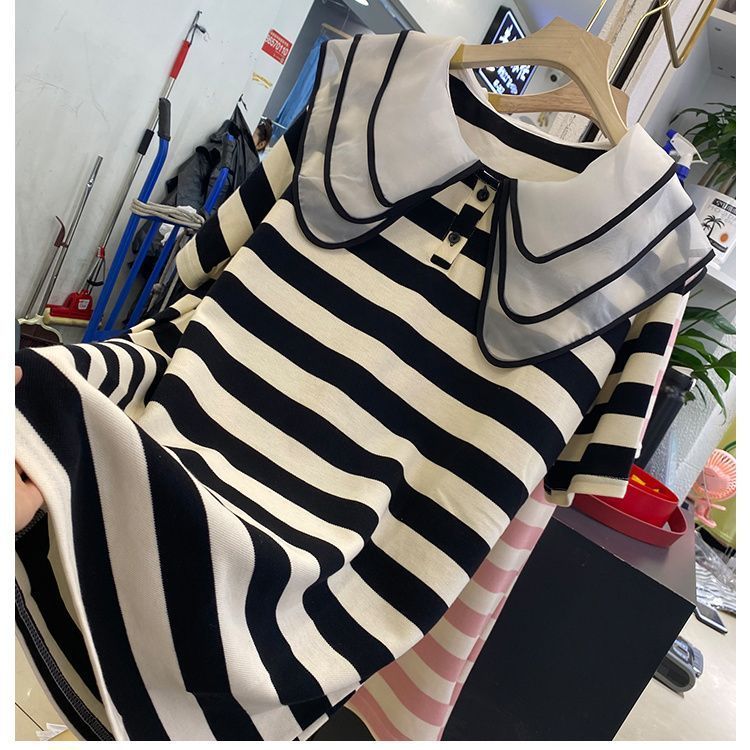 Doll collar shirt princess style top striped dress female summer fat mm loose short-sleeved long T-shirt skirt