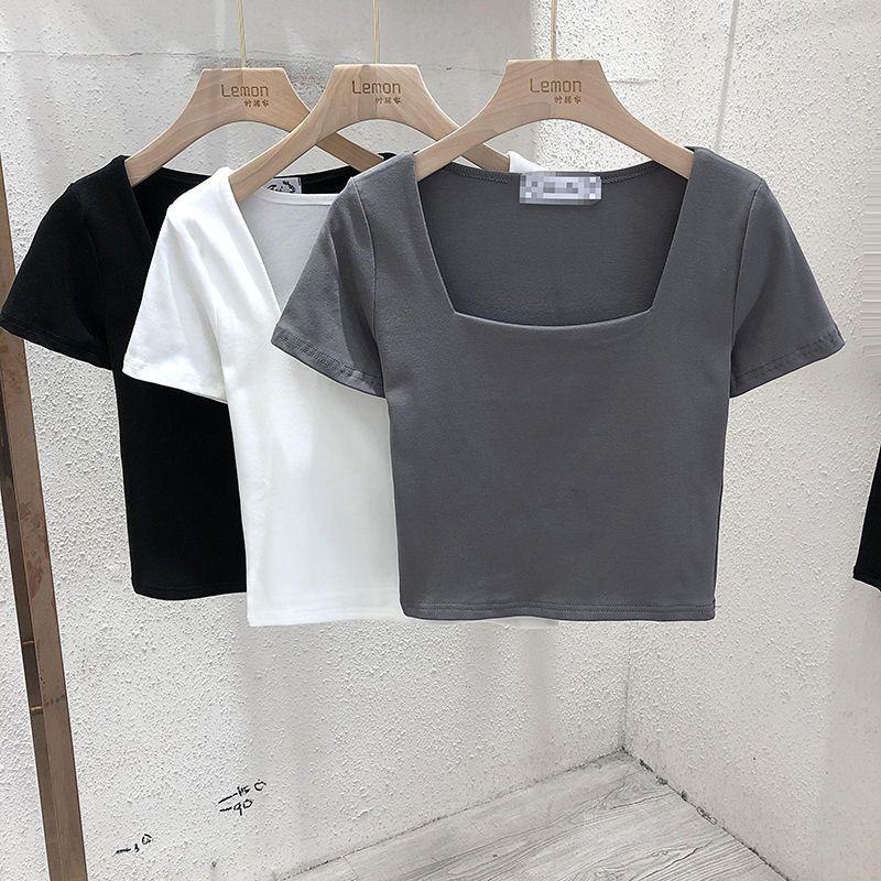 Casual shoulder short-sleeved t-shirt women's French style cotton square collar 2023 summer slim U-shaped retro chic short top