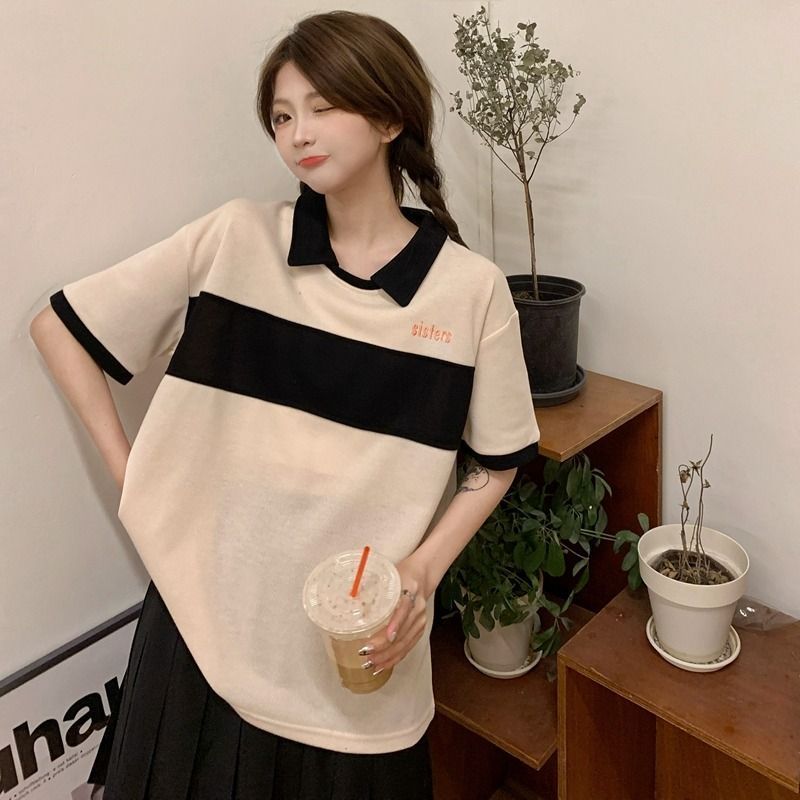 Slightly fat sister polo shirt female short-sleeved lazy wind stitching hit color shoulder sleeve striped t-shirt female student top summer