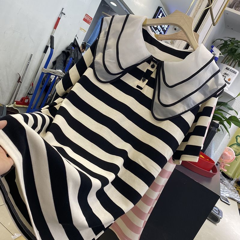 Doll collar shirt princess style top striped dress female summer fat mm loose short-sleeved long T-shirt skirt