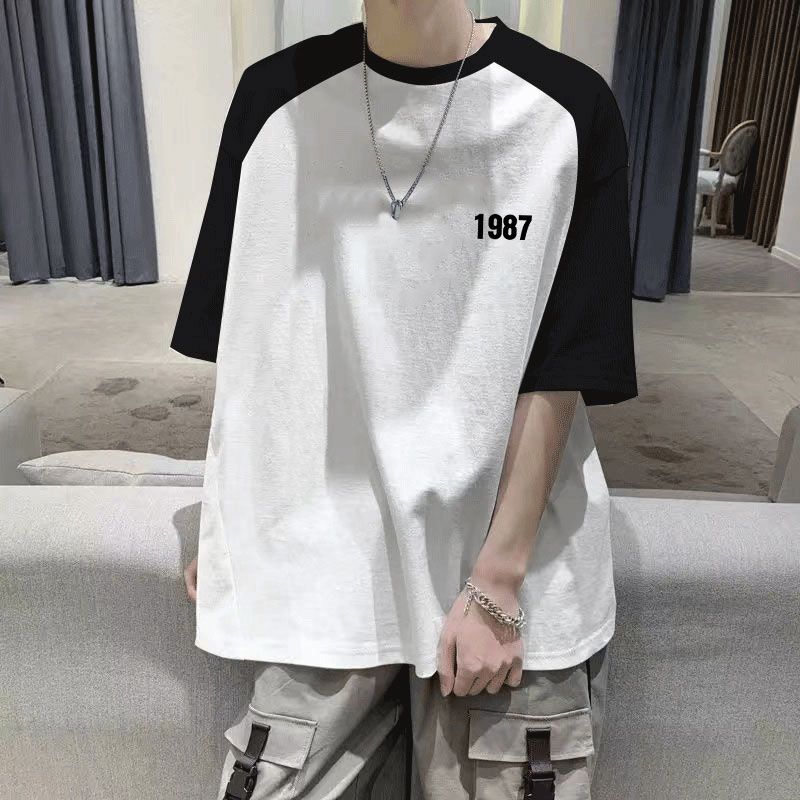 宿跡oversize大碼撞色插肩短袖t恤男款夏季美式青少年衣服寬鬆T恤