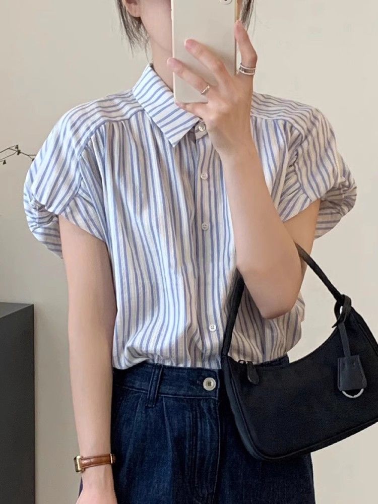 藍色條紋Polo領短袖襯衣女裝夏季2023新款設計感韓系小眾襯衫上衣