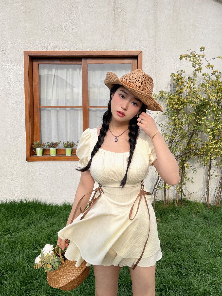 大碼女裝泡泡袖綁帶連衣裙女夏甜辣收腰遮肚子短裙子顯瘦遮肉微胖