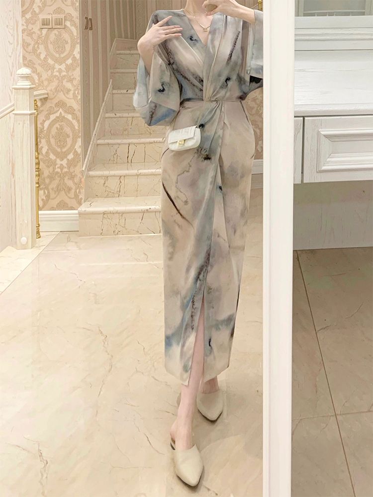 【品牌LALADUDU】胖mm法式水墨畫印花連衣裙女夏氣質收腰包臀長裙