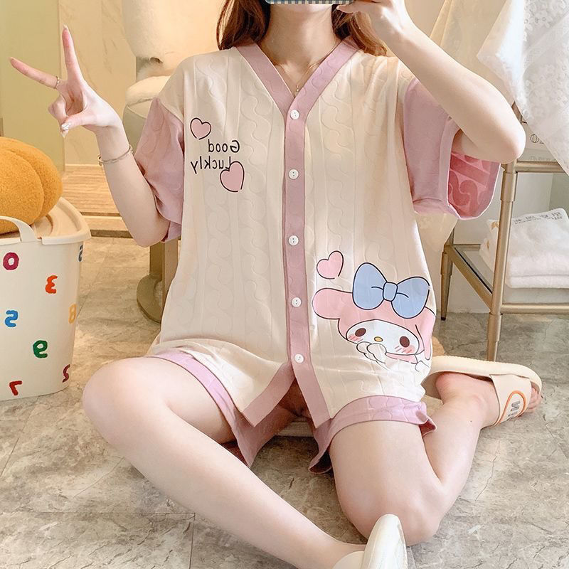 睡衣女夏季卡通短袖開衫套裝提花棉2023年新款簡約可愛家居服套裝