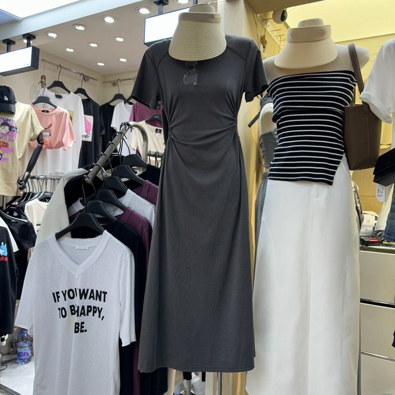 South Korea's Dongdaemun  new summer wear Korean style long slim short-sleeved T-shirt dress with hollows on both sides and leaky waist