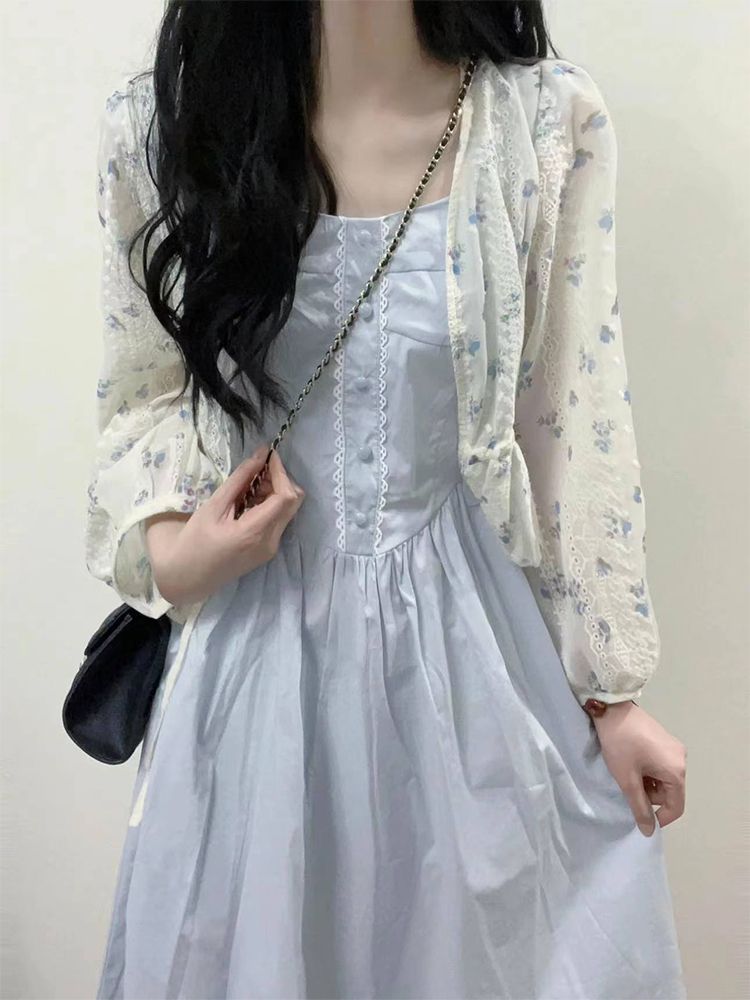 法式復古文藝清新精緻碎花蕾絲開衫女學生+藍色吊帶長裙兩件/套裝