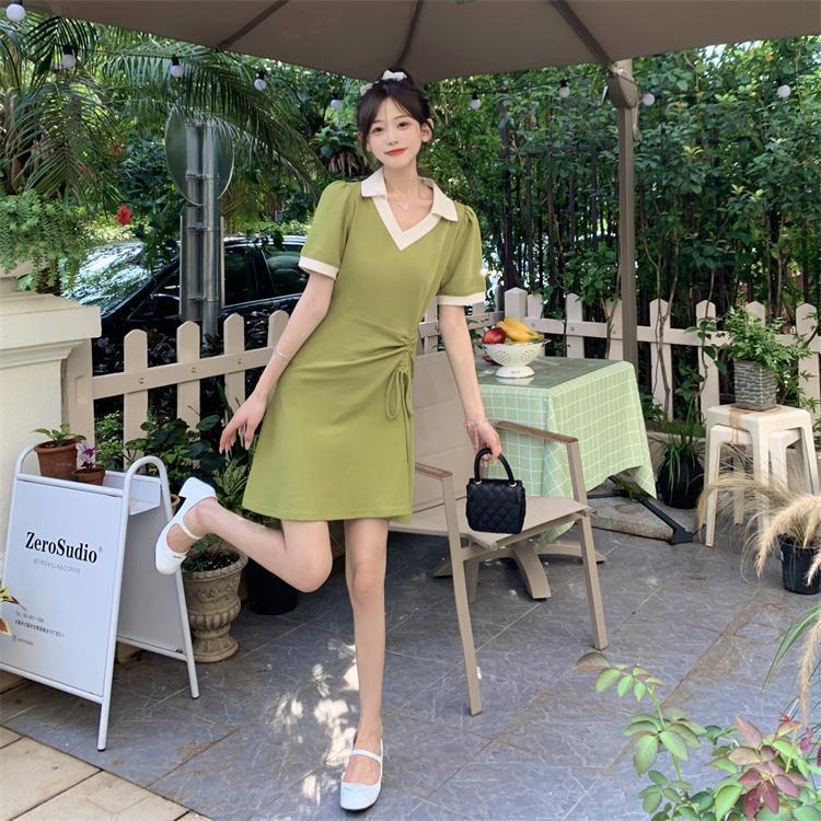 Light green age-reducing casual wind short-sleeved dress girls fat mm summer new  polo collar dress