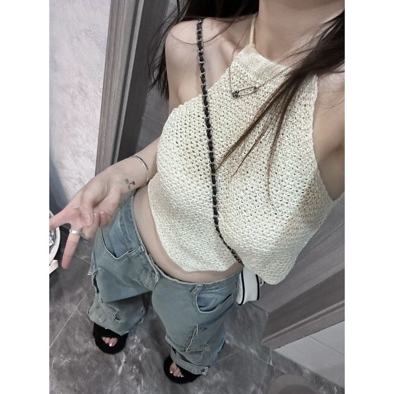 Spice Girls Halter Neck Knitted Suspenders Women Wear Sexy Back Outer Wear Small Vest Halter Backless Sleeveless Top Short Section in Summer