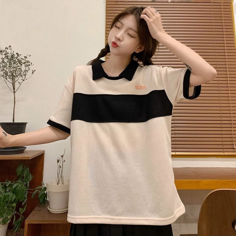 Slightly fat sister polo shirt female short-sleeved lazy wind stitching hit color shoulder sleeve striped t-shirt female student top summer