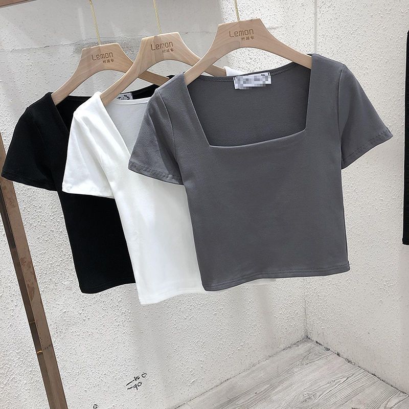 Korean short-sleeved t-shirt women's collar slim fit high waist niche pure cotton French short top small ins tide