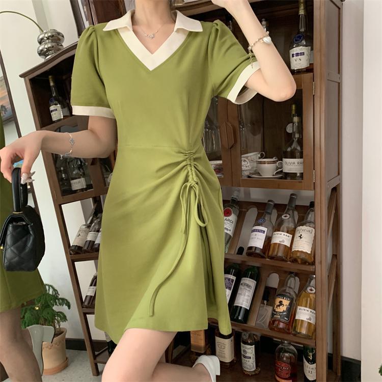 Light green age-reducing casual wind short-sleeved dress girls fat mm summer new  polo collar dress