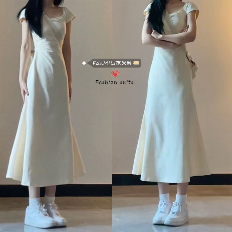 Hong Kong style design fishtail pinch waist dress female summer new Korean version pure desire hot girl short sleeve waist long skirt
