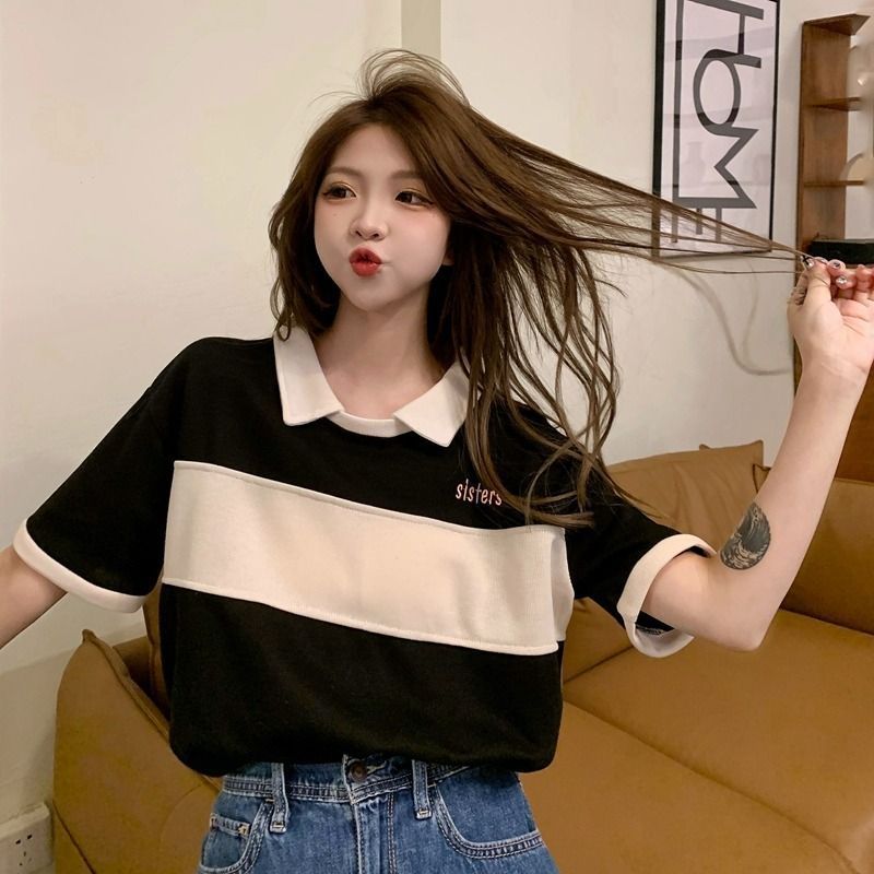 Slightly fat sister polo shirt female short-sleeved lazy wind stitching hit color shoulder sleeve striped t-shirt female student top summer