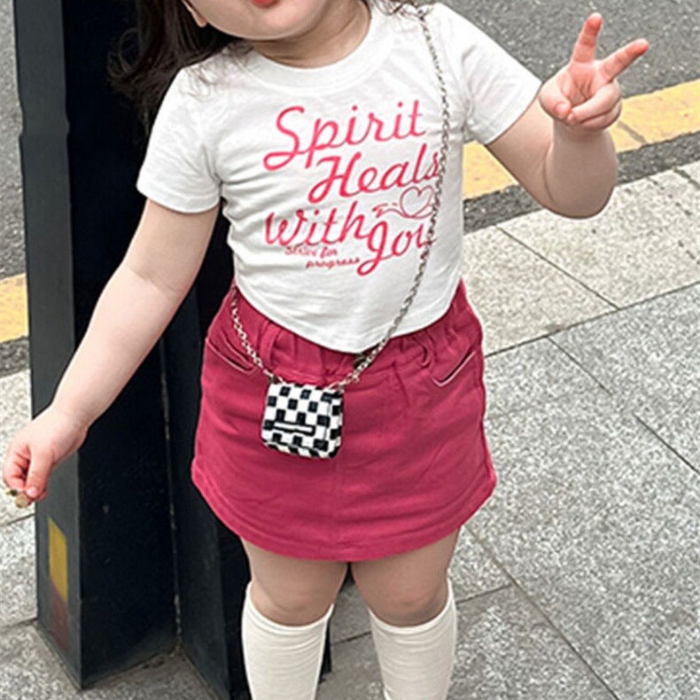 Girls suit pure cotton 2023 summer new style short-sleeved top half skirt children's casual two-piece set