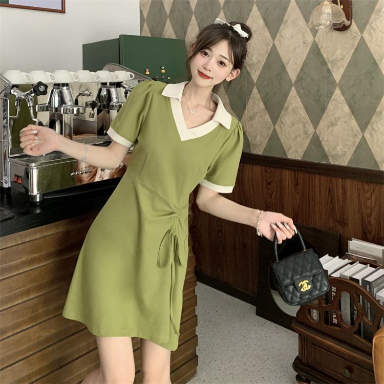 Light green age-reducing casual wind short-sleeved dress girls fat mm summer new  polo collar dress