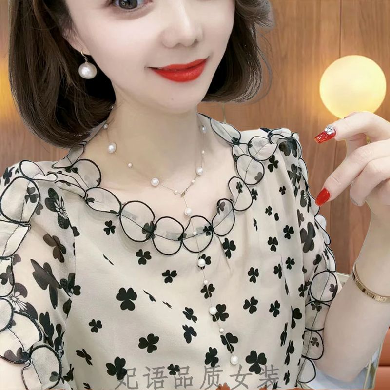 工廠直銷杭州真絲襯衫女短袖夏季新款印花洋氣時尚寬鬆遮肚小衫女