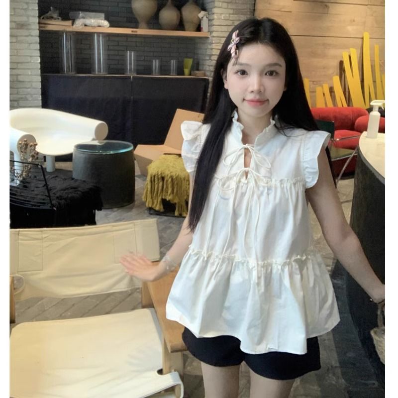 甜美荷葉邊法式白色襯衫女夏季休閒設計感飛飛袖襯衣寬鬆小眾上衣
