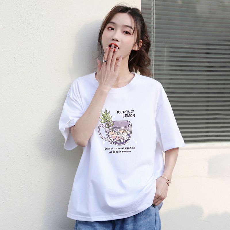 Pure cotton t-shirt female Korean version student round neck summer new loose and thin white short-sleeved large size half-sleeved T fat MM tide