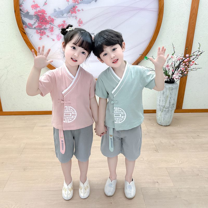 漢服兒童男2023夏天薄款古裝短褲套裝中國風男童唐裝夏季棉麻衣服