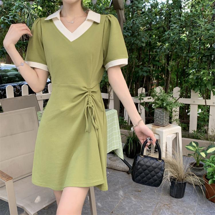 Light green age-reducing casual wind short-sleeved dress girls fat mm summer new  polo collar dress