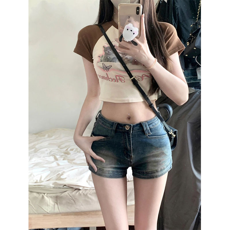 復古高腰牛仔短褲女夏季新款大碼胖mm美式辣妹小個子a字包臀熱褲