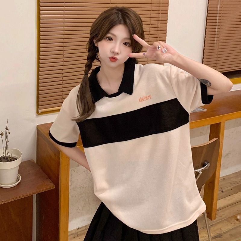 Slightly fat sister polo shirt female short-sleeved lazy wind stitching hit color shoulder sleeve striped t-shirt female student top summer