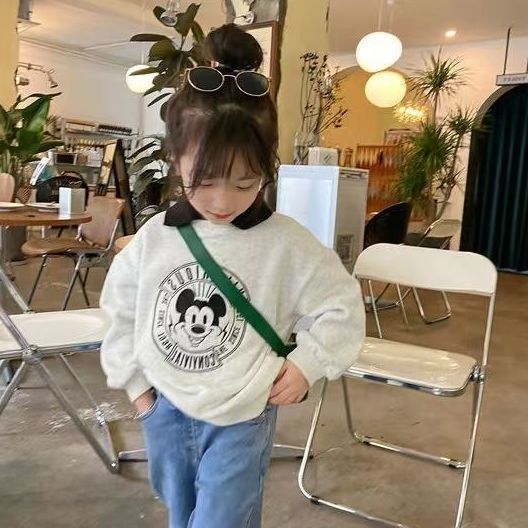 Girls Spring and Autumn Sweatshirt  New Children's Small and Medium-sized Baby Fashionable Embroidered Polo Collar Cartoon Top