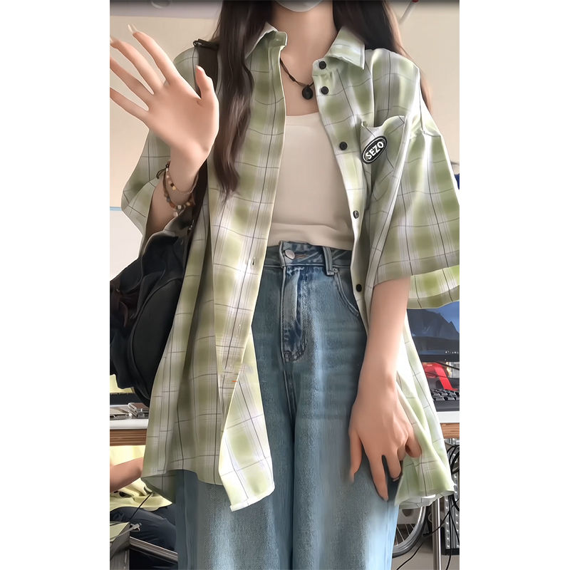 polo領短袖格子襯衫女夏季大碼薄款穿搭寬鬆外搭防曬短款襯衣上衣