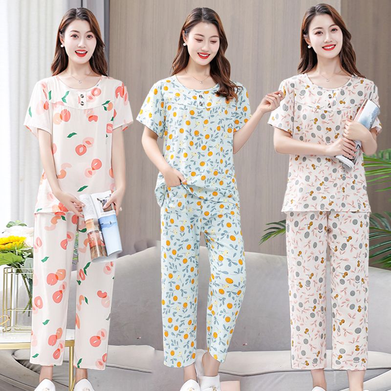 棉綢睡衣女夏季薄款套裝中老年媽媽裝人造棉短袖睡衣家居服兩件套